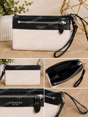 Coach Colorblock Leather Wristlet – Black & Ivory – Excellent Used Condition